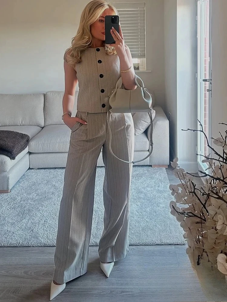 KONDALA Vintage Chic Women Striped Suit Single Breasted Sleeveless Top Straight Long Loose Pants Fashion 2025 Spring Summer Sets
KONDALA Vintage Chic Women Striped Suit Single Breasted Sleeveless Top Straight Long Loose Pants Fashion 2025 Spring Summer Sets