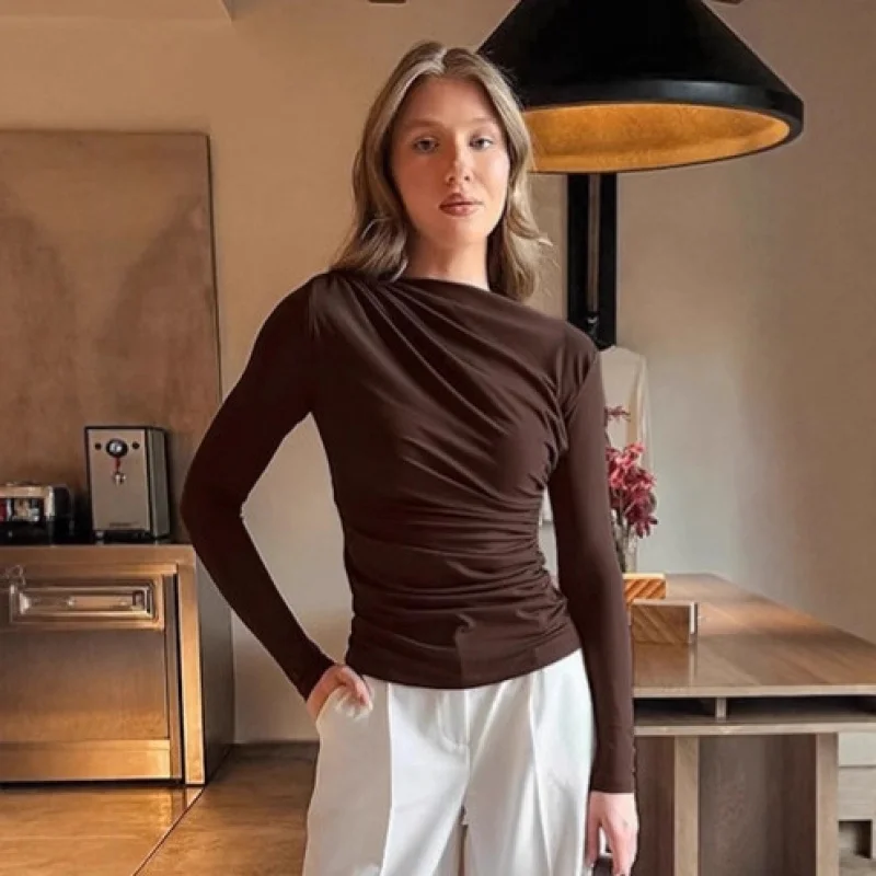 Women Casual Waist Cinching Gathers Bodycon T-shirt 2026 Lady Spring Autumn Brown Blouse Solid Brown Pleated Full Sleeve Tops
Women Casual Waist Cinching Gathers Bodycon T-shirt 2026 Lady Spring Autumn Brown Blouse Solid Brown Pleated Full Sleeve Tops