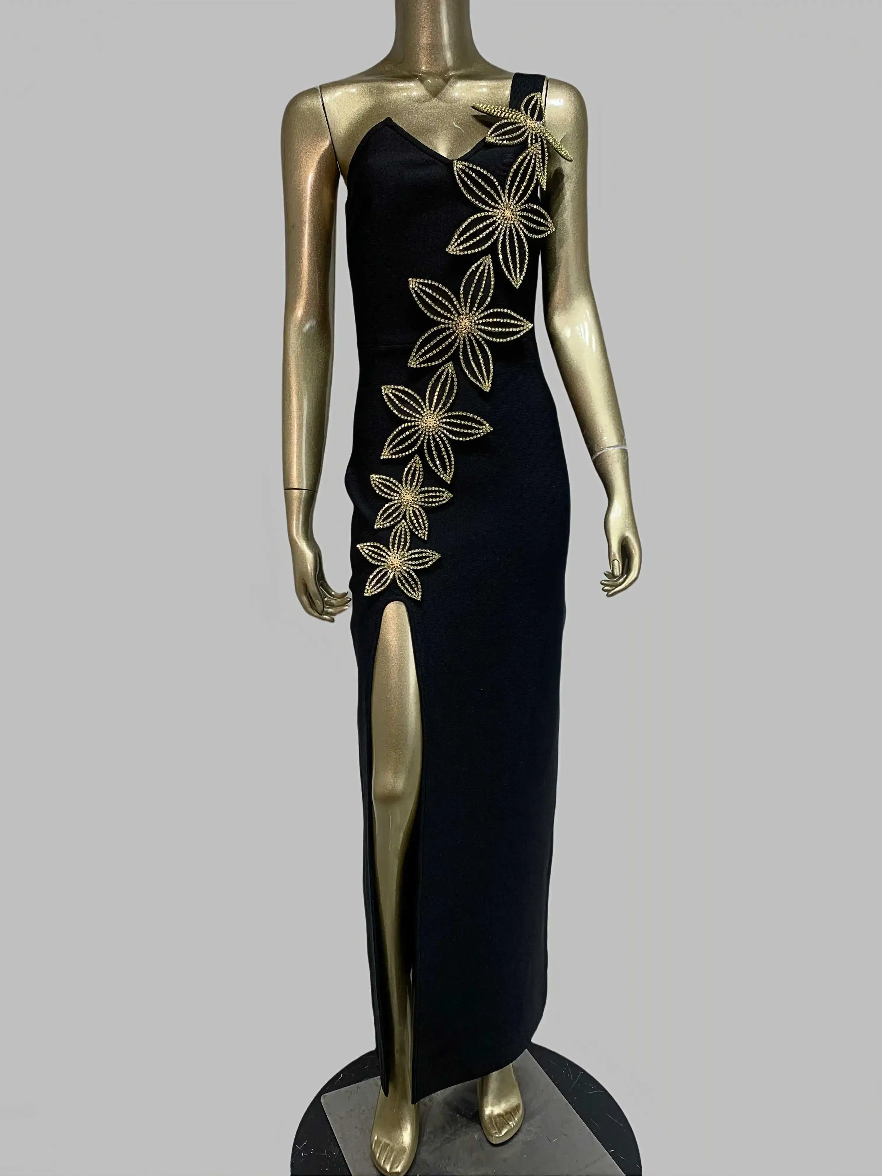 2025 Women New Evening Bandage Dress Black One Shoulder Gold Diamonds Flowers Open Leg Long Celebrity Birthday Party Gowns
2025 Women New Evening Bandage Dress Black One Shoulder Gold Diamonds Flowers Open Leg Long Celebrity Birthday Party Gowns