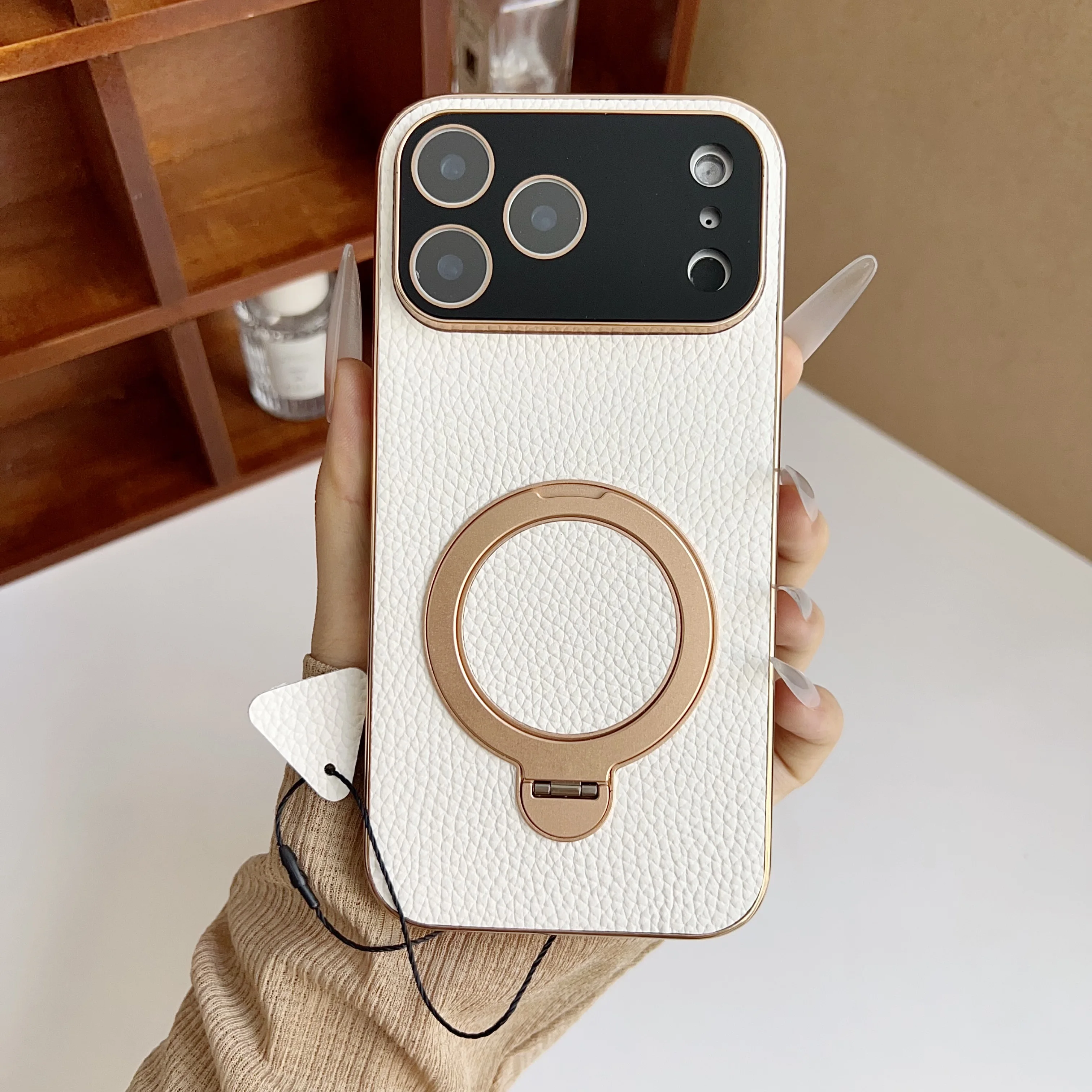 Faux leather phone case for Apple iPhone 17 Pro Max, 360-degree rotating stand, all-around drop and scratch protection
Faux leather phone case for Apple iPhone 17 Pro Max, 360-degree rotating stand, all-around drop and scratch protection