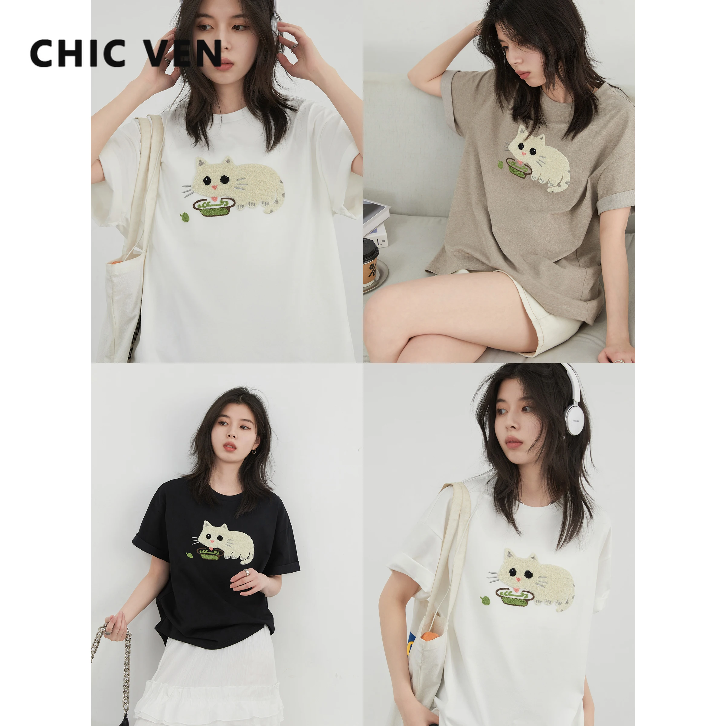 CHIC VEN корейские женские футболки с круглым вырезом, свободные повседневные футболки с короткими рукавами и вышивкой кота, животного, женский топ, весна-лето 2025
CHIC VEN корейские женские футболки с круглым вырезом, свободные повседневные футболки с короткими рукавами и вышивкой кота, животного, женский топ, весна-лето 2025