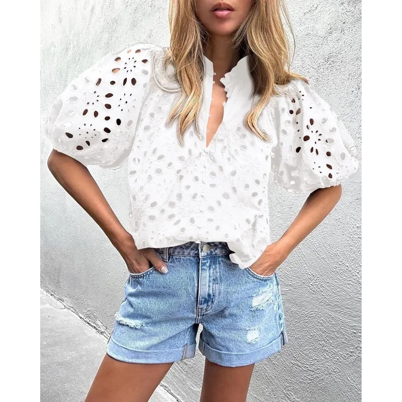 Blouses Embroidery Openwork Bell Sleeves Shirt T-shirt Summer Women Short Sleeves Blouse Button V-neck Top Design Casual Clothes
Blouses Embroidery Openwork Bell Sleeves Shirt T-shirt Summer Women Short Sleeves Blouse Button V-neck Top Design Casual Clothes