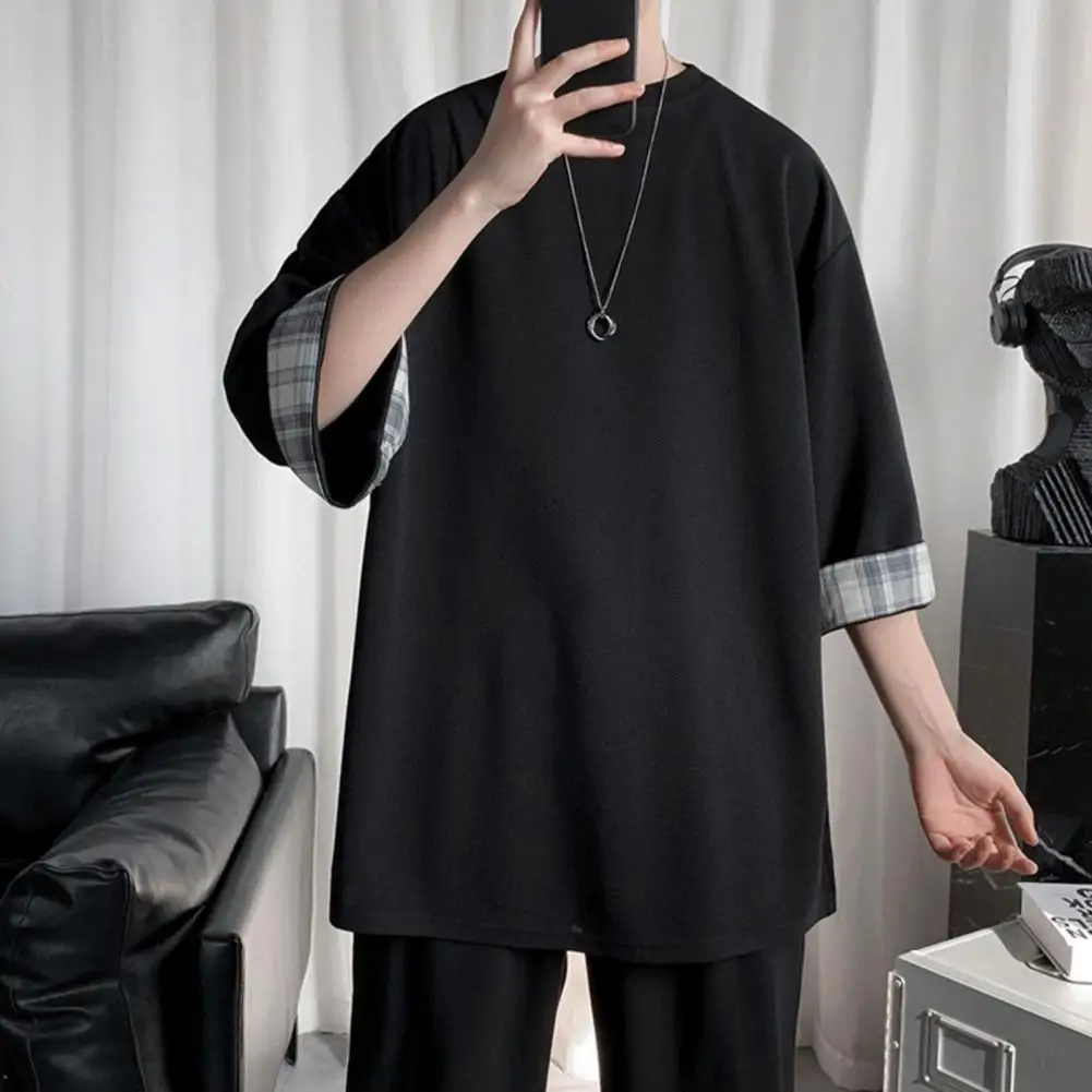 Men Summer T-shirt Three Quarter Sleeves Round Neck Pullover Plaid Cuff Soft Loose Streetwear Mid Length Summer Top Male Clothes
Men Summer T-shirt Three Quarter Sleeves Round Neck Pullover Plaid Cuff Soft Loose Streetwear Mid Length Summer Top Male Clothes