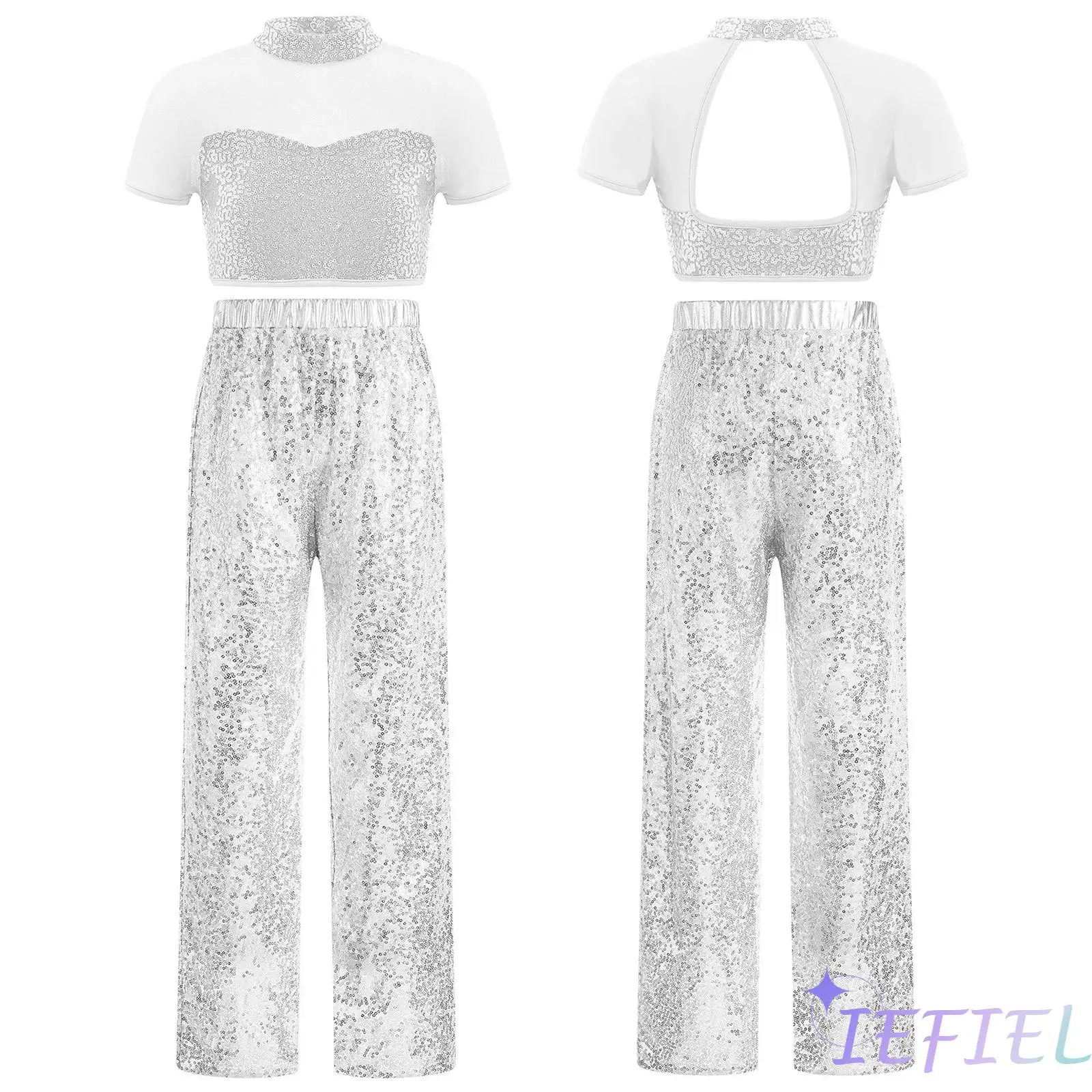 Girls Jazz Latin Dance Outfit Mock Neckline Short Sleeve Mesh Patchwork Cutout Back Shiny Sequins Crop Top with Sequined Pants
Girls Jazz Latin Dance Outfit Mock Neckline Short Sleeve Mesh Patchwork Cutout Back Shiny Sequins Crop Top with Sequined Pants