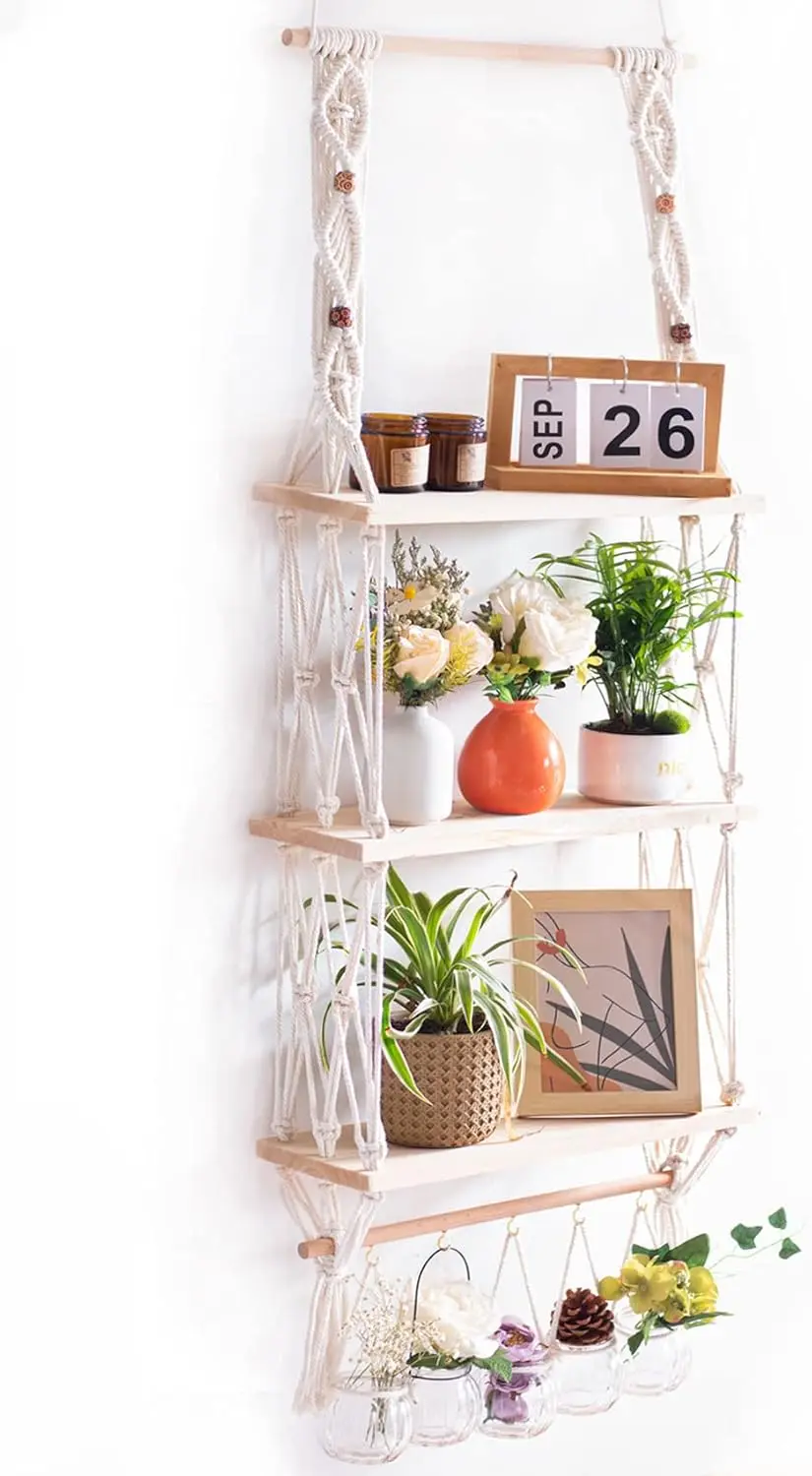 Boho Macrame Wall Shelves 3-Tier Floating Plant Storage Rack with Hooks for Bedroom Living Room Bathroom
Boho Macrame Wall Shelves 3-Tier Floating Plant Storage Rack with Hooks for Bedroom Living Room Bathroom