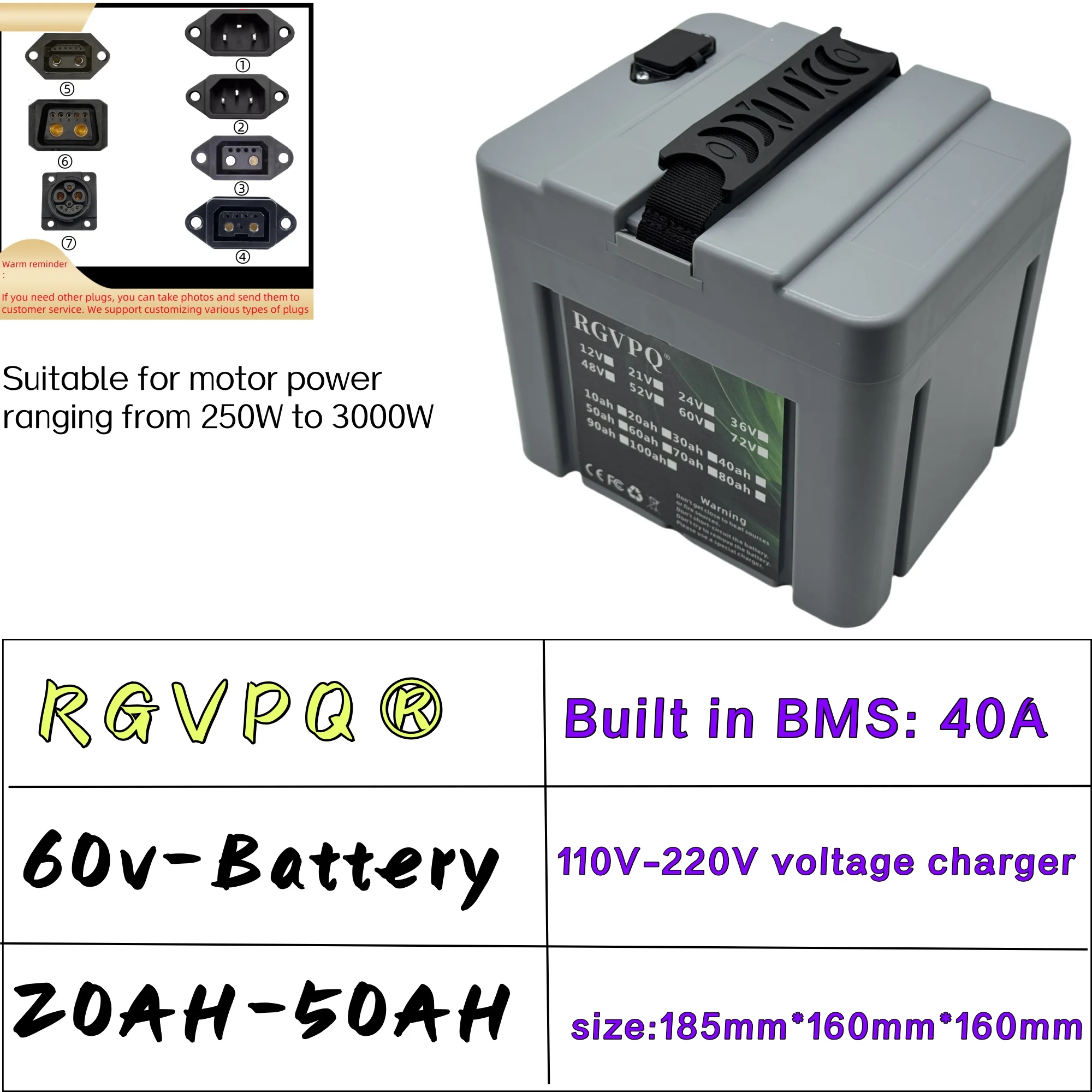 Air fast transportation,60V50AH,Full capacity,New 18650 lithium battery,Suitable for motors under 3000W
Air fast transportation,60V50AH,Full capacity,New 18650 lithium battery,Suitable for motors under 3000W