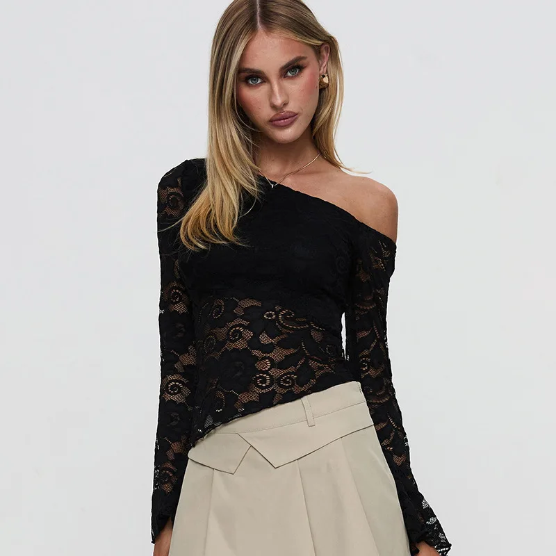 Style New Spring and Autumn Off-Shoulder Asymmetrical Collar Patchwork Color-Block Sheer Flared Sleeve Lace TopTWomen's T-shirt
Style New Spring and Autumn Off-Shoulder Asymmetrical Collar Patchwork Color-Block Sheer Flared Sleeve Lace TopTWomen's T-shirt
