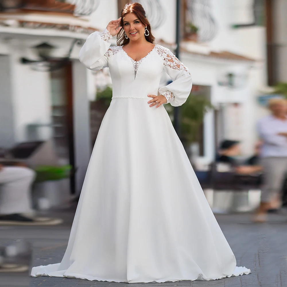 Modern A-Line Jersey Plus Size Wedding Dress with Lace Long Sleeves High Quality Customized V-Neck Button Back Bridal Dress
Modern A-Line Jersey Plus Size Wedding Dress with Lace Long Sleeves High Quality Customized V-Neck Button Back Bridal Dress