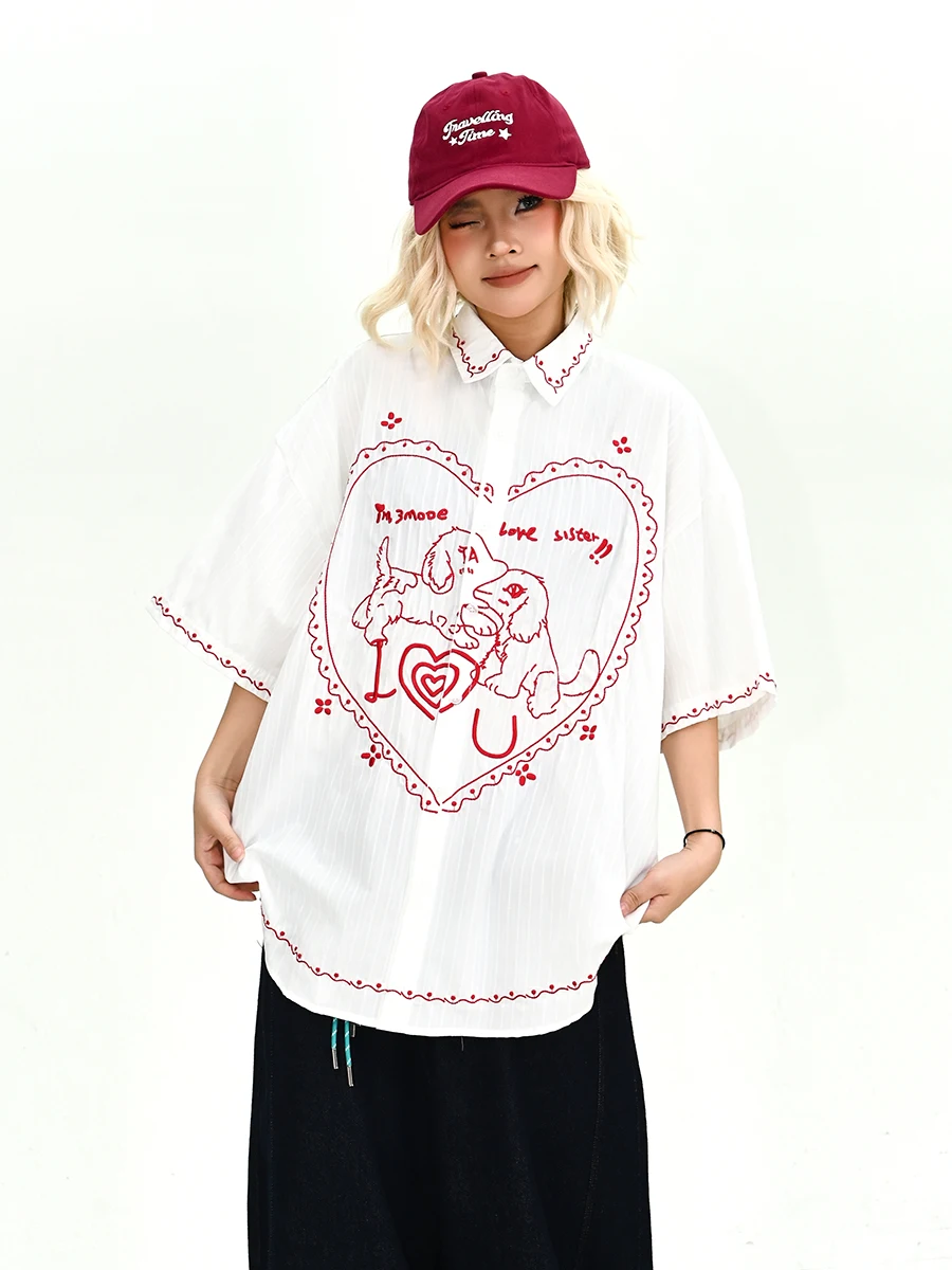 Lazy American Style Loose Women's Short Sleeve Shirt Embroidered Heart Dog Stitch Summer New Arrival Street Style Casual Top
Lazy American Style Loose Women's Short Sleeve Shirt Embroidered Heart Dog Stitch Summer New Arrival Street Style Casual Top