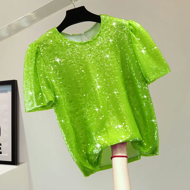 Heavy Embroidery Sequins Puff Sleeve T-shirt Summer Korean Style Loose Solid Color round Neck Straight Women's Shirt Fashion
Heavy Embroidery Sequins Puff Sleeve T-shirt Summer Korean Style Loose Solid Color round Neck Straight Women's Shirt Fashion