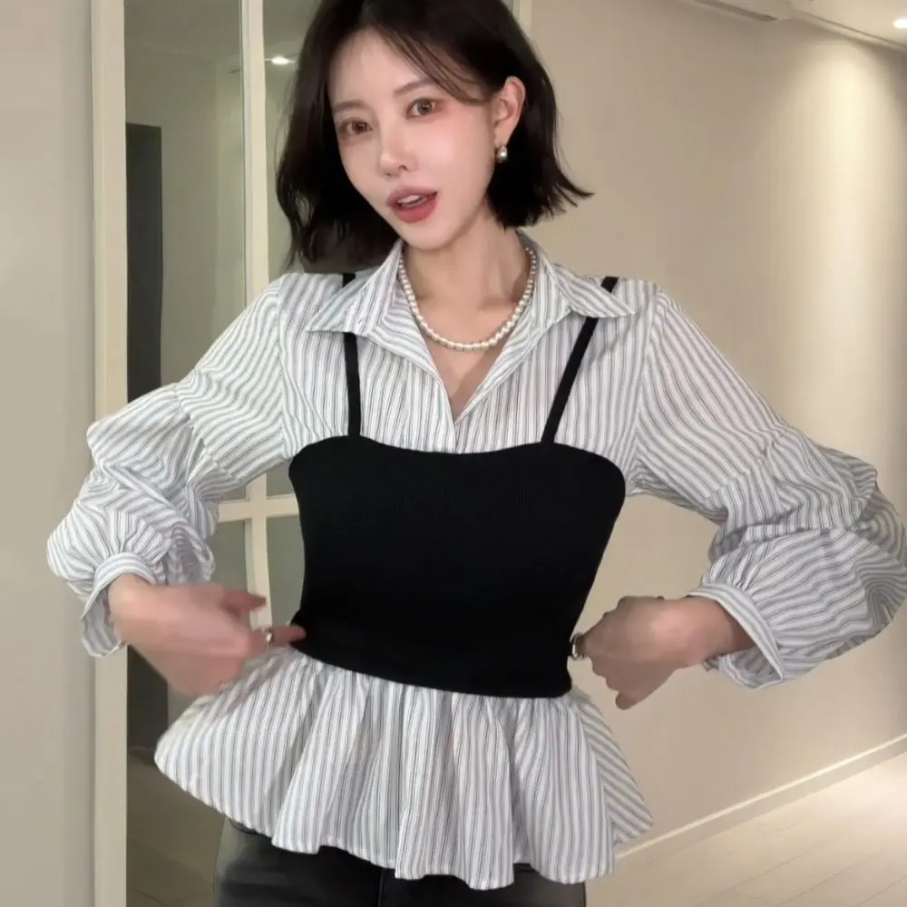 Женская блузка с эффектом похудения Dongda Gate, с вертикальными полосками, утягивающая талию, имитация двух частей, лоскутный дизайн, длинный рукав, повседневный стиль
Женская блузка с эффектом похудения Dongda Gate, с вертикальными полосками, утягивающая талию, имитация двух частей, лоскутный дизайн, длинный рукав, повседневный стиль