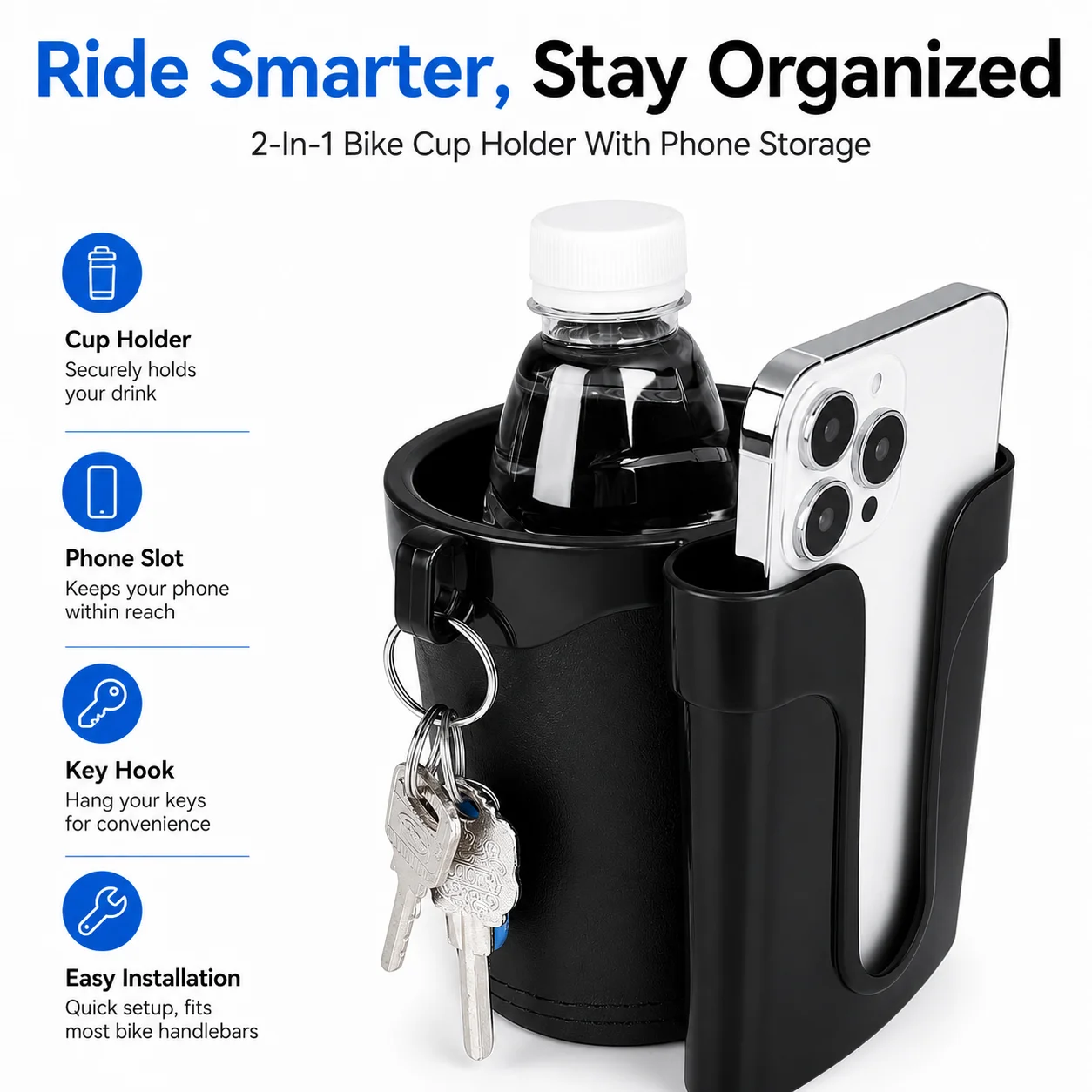 3-in-1 Bike Cup Holder Multifunctional with Cell Phone & Key Storage Rack Universal for Bicycle Motorcycle Scooter Stroller
3-in-1 Bike Cup Holder Multifunctional with Cell Phone & Key Storage Rack Universal for Bicycle Motorcycle Scooter Stroller
