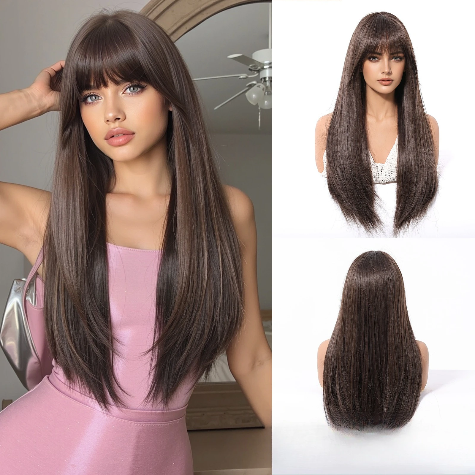 New Qi bangs brown long straight hair women's wig high temperature silk fluffy temperament gradient European and American wigs
New Qi bangs brown long straight hair women's wig high temperature silk fluffy temperament gradient European and American wigs