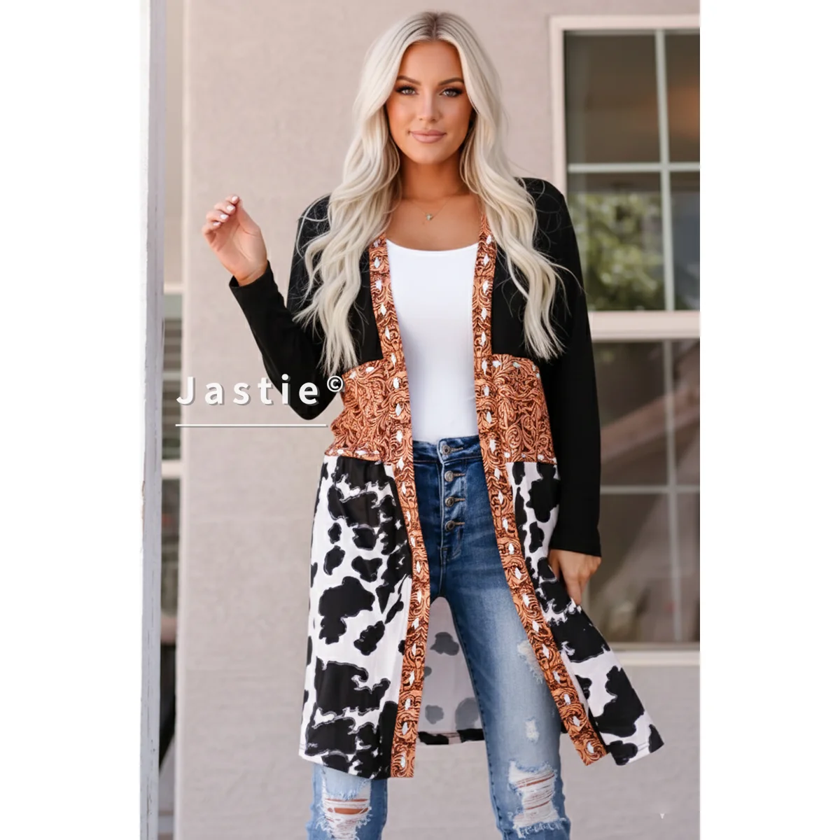 Women's Black & Cow Print Longline Cardigan Open Front Patchwork Design With Boho Pattern Trim Jacket Casual Loose Duster Coats
Women's Black & Cow Print Longline Cardigan Open Front Patchwork Design With Boho Pattern Trim Jacket Casual Loose Duster Coats