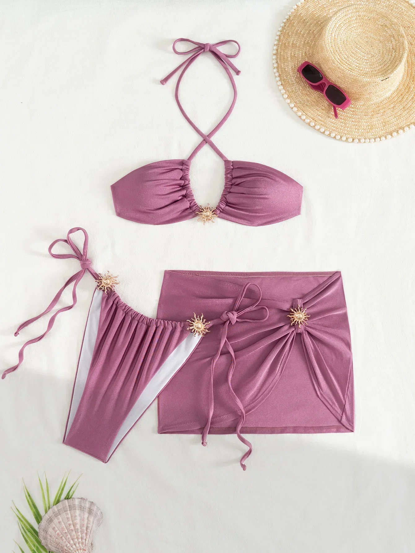 Sexy Metal Sun Ornament 3 Piece Bikini Set Women Purple Pleate Cross Push Up Skirt 3 Piece Swimsuit 2025 Bathing Suit Swimwear 
Sexy Metal Sun Ornament 3 Piece Bikini Set Women Purple Pleate Cross Push Up Skirt 3 Piece Swimsuit 2025 Bathing Suit Swimwear