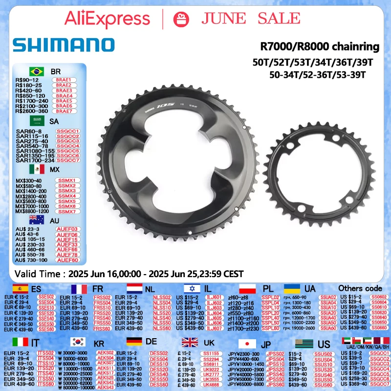 Shimano R7000 R8000 Chainring Ultegra 105 11Speed Road Bicycle Chainring 50T/52T/53T/34T/36T/39T 110BCD Bike Crank Crown
Shimano R7000 R8000 Chainring Ultegra 105 11Speed Road Bicycle Chainring 50T/52T/53T/34T/36T/39T 110BCD Bike Crank Crown