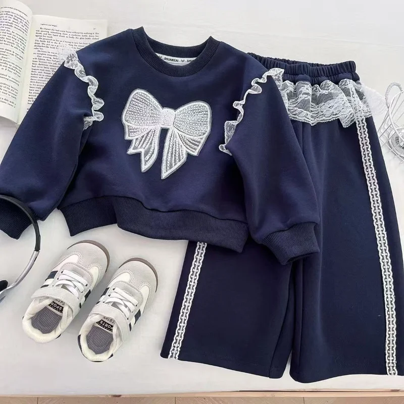Girls' Two-Piece Set - Bow Hoodie & Lace Trim Pants, Spring Autumn Cute Casual Outfit for Toddlers Kids Clothes 90-150CM 
Girls' Two-Piece Set - Bow Hoodie & Lace Trim Pants, Spring Autumn Cute Casual Outfit for Toddlers Kids Clothes 90-150CM