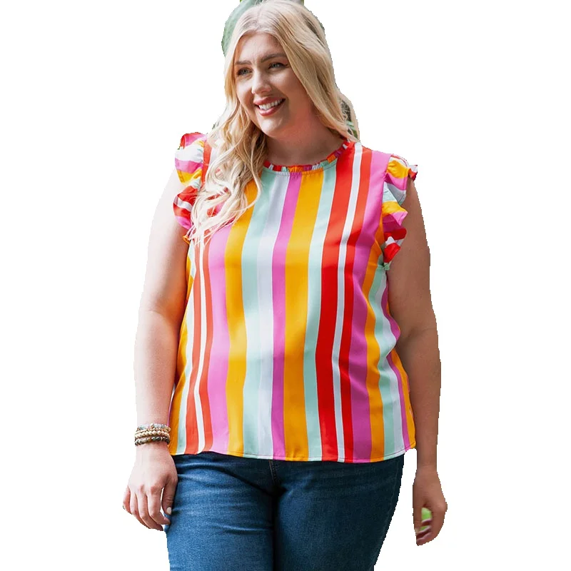 Summer New Colored Striped T-Shirt For Women's Casual Large Pullover With Ruffles And Slim Sleeveless Top Women
Summer New Colored Striped T-Shirt For Women's Casual Large Pullover With Ruffles And Slim Sleeveless Top Women