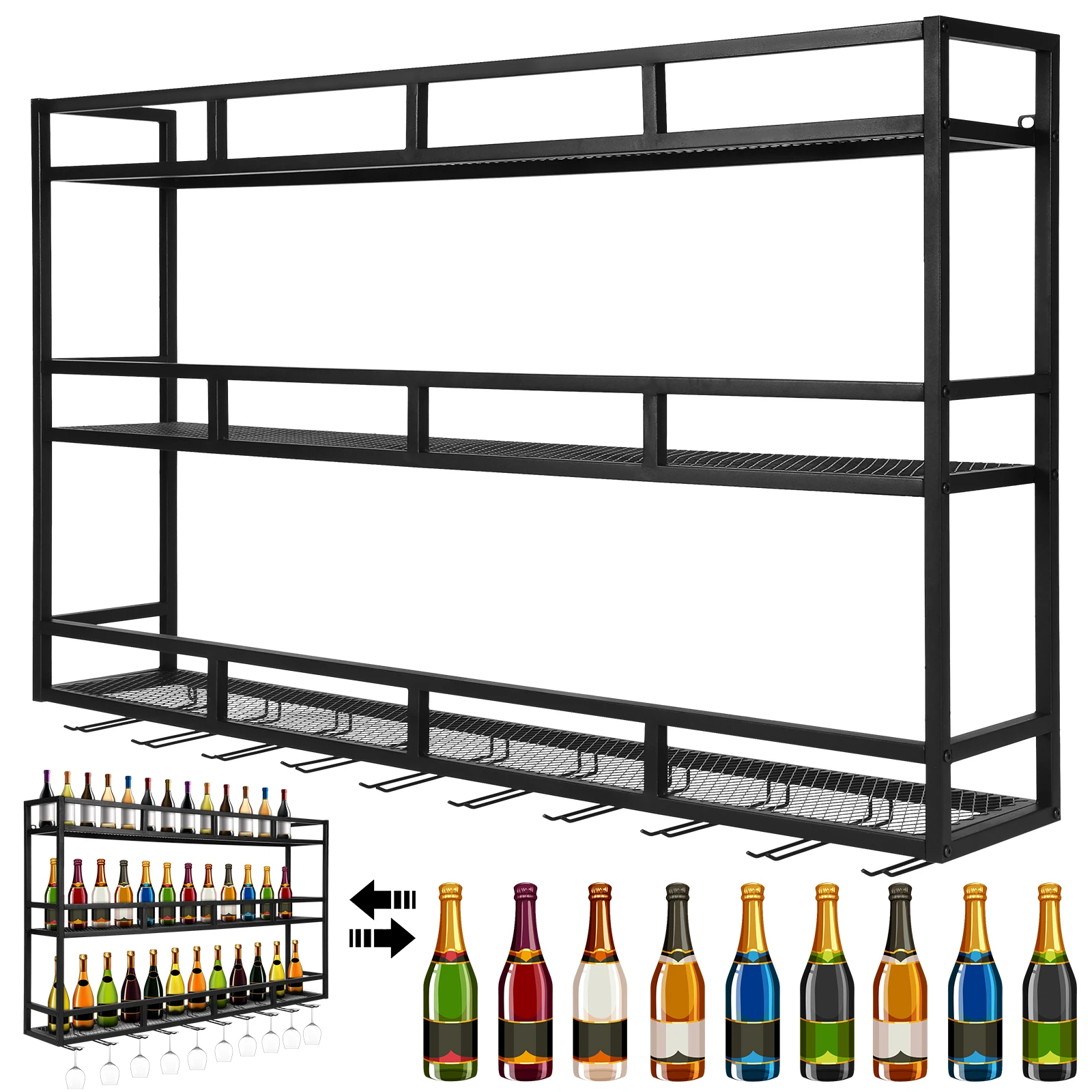 Bar Liquor Bottle Display Shelf Wall-Mounted Wine Glass Holder Large Capacity Metal Liquor Hanging Shelf for Bar Decoration
Bar Liquor Bottle Display Shelf Wall-Mounted Wine Glass Holder Large Capacity Metal Liquor Hanging Shelf for Bar Decoration