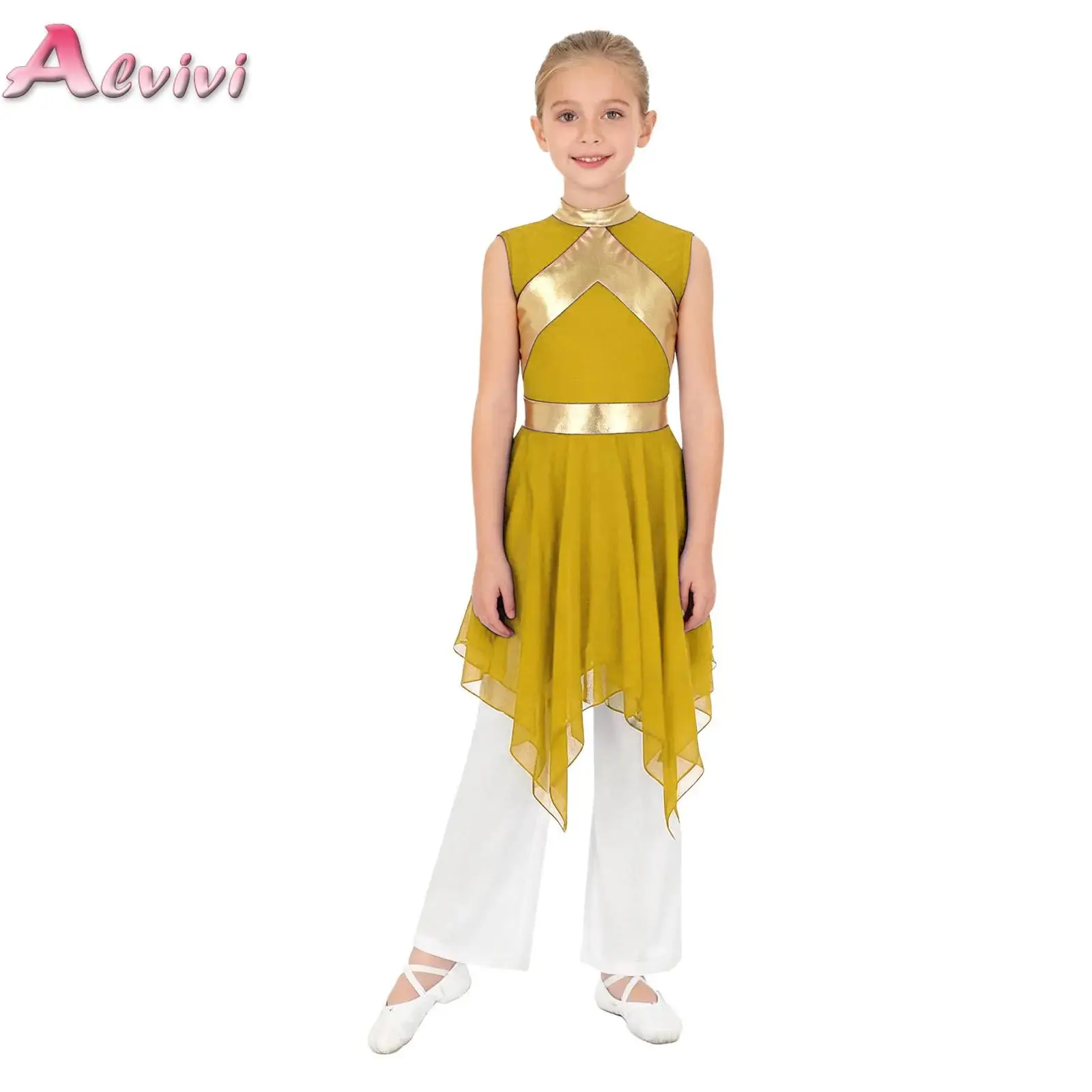 Kid Girls Liturgical Praise Dance Outfit Metallic Contrast Color Patchwork Sleeveless Asymmetrical Hem Dress with Wide-Leg Pants
Kid Girls Liturgical Praise Dance Outfit Metallic Contrast Color Patchwork Sleeveless Asymmetrical Hem Dress with Wide-Leg Pants