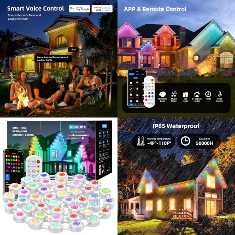 Permanent Outdoor Lights, 50Feet Smart RGB Outdoor Light, 36 LED Eaves Lights with 54 Scene Mode, IP67 Waterproof for Halloween
Permanent Outdoor Lights, 50Feet Smart RGB Outdoor Light, 36 LED Eaves Lights with 54 Scene Mode, IP67 Waterproof for Halloween