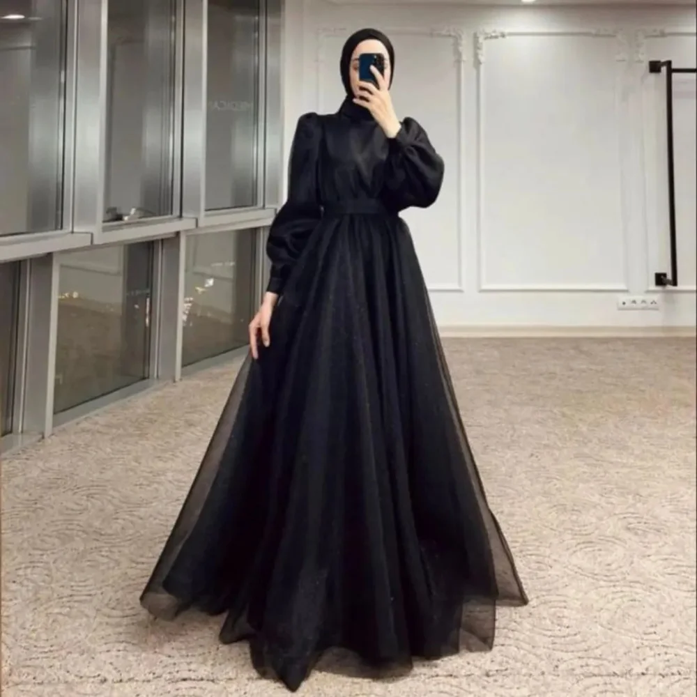 High Neck Robe De Soirée Evening Gown Elegant Custom Made A-Line Tulle Formal Party Dress Puffy Sleeve Black Long Prom Dresses
High Neck Robe De Soirée Evening Gown Elegant Custom Made A-Line Tulle Formal Party Dress Puffy Sleeve Black Long Prom Dresses