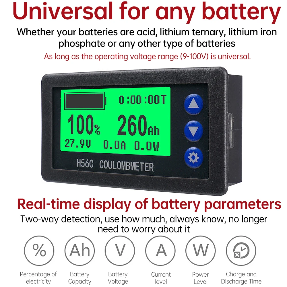 Universal DC Coulombmeter 20A 50A 100A Lead-acid Li-ion Lithium Charge Discharge Battery Monitor Power Display 12V 24V 48V 100V
Universal DC Coulombmeter 20A 50A 100A Lead-acid Li-ion Lithium Charge Discharge Battery Monitor Power Display 12V 24V 48V 100V