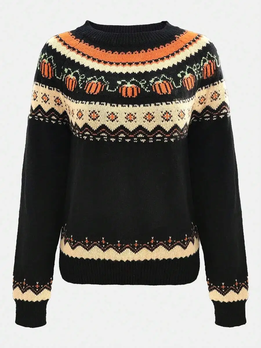 Pumpkin Jacquard Crew Neck Casual Knit Pullover Sweater For Halloween Boho Party
Pumpkin Jacquard Crew Neck Casual Knit Pullover Sweater For Halloween Boho Party