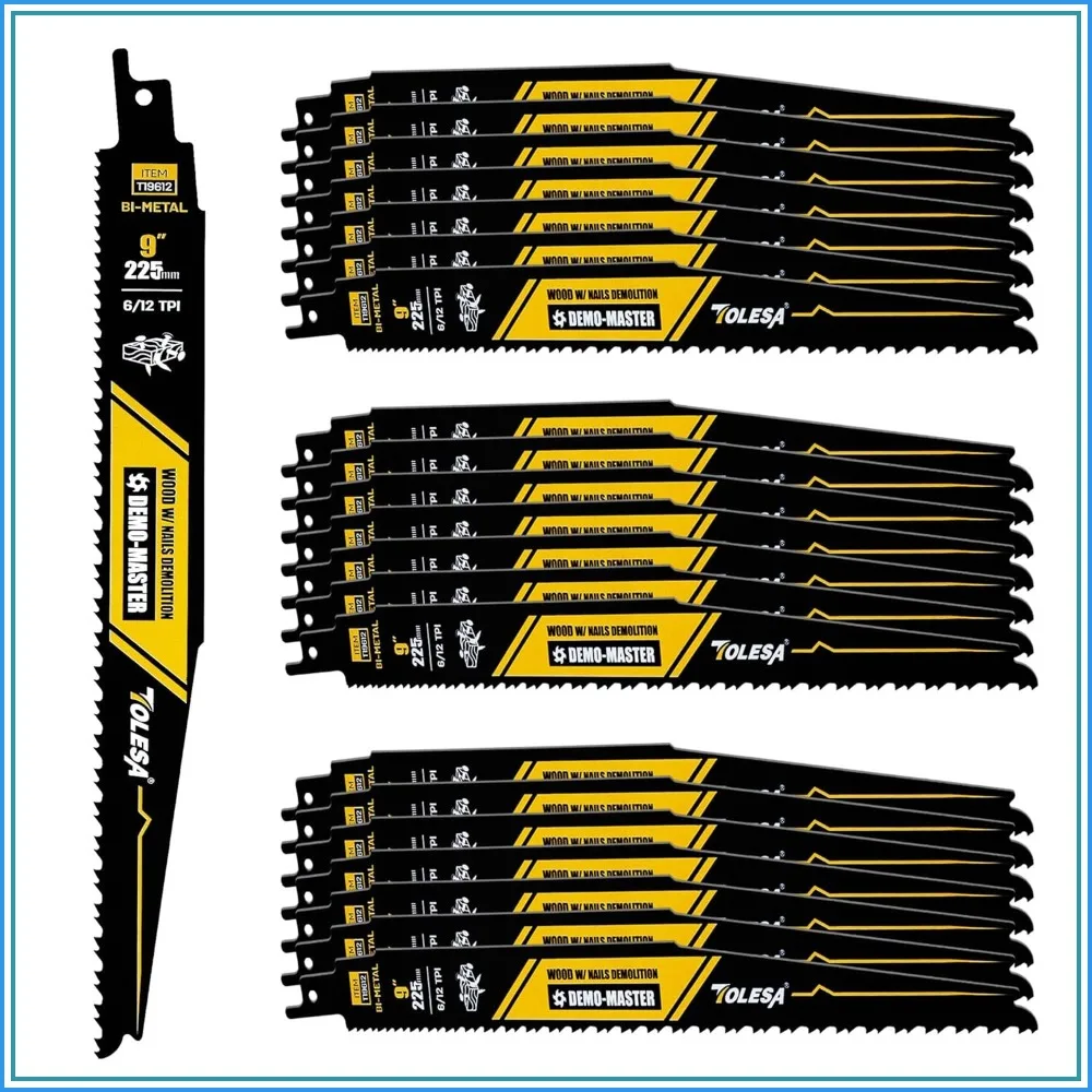 9 Inch 6/12 TPI Bi-Metal Reciprocating Saw Blades, 25 Pack for Wood & Nail-Embedded Wood Demolition, Fast & Smooth Cutting
9 Inch 6/12 TPI Bi-Metal Reciprocating Saw Blades, 25 Pack for Wood & Nail-Embedded Wood Demolition, Fast & Smooth Cutting