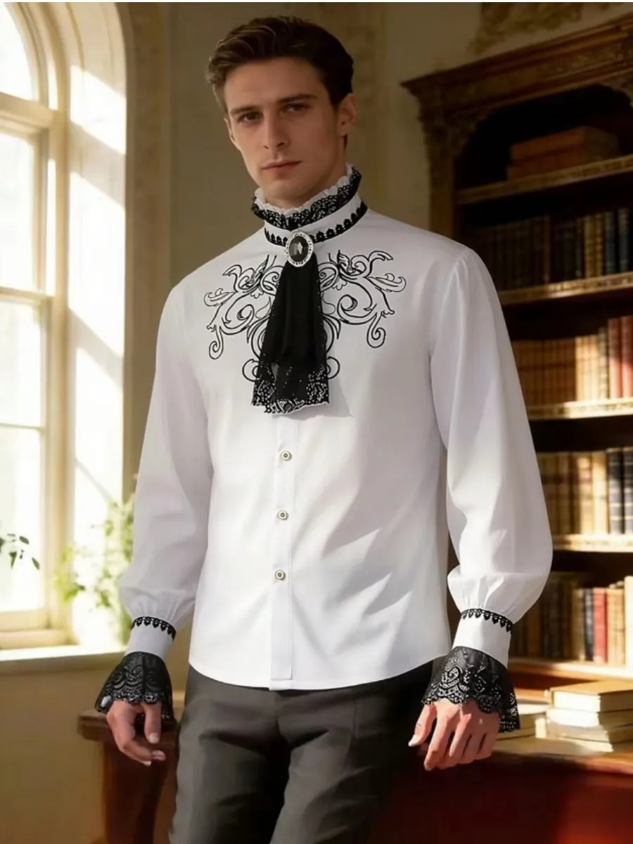 Men Medieval Victorian White Lace Jabot Ruffle Collar Embroidery Shirt Gothic Steampunk Wedding Party Cosplay Long Sleeve Costum
Men Medieval Victorian White Lace Jabot Ruffle Collar Embroidery Shirt Gothic Steampunk Wedding Party Cosplay Long Sleeve Costum