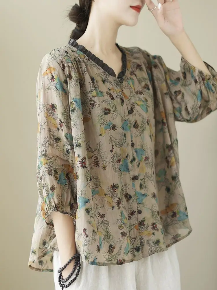 Свободный крой из хлопка и льна Seven Sve irt, женские винтажные принты V Ne, утягивающие повседневные модные поездки, летние и т. д. 
Свободный крой из хлопка и льна Seven Sve irt, женские винтажные принты V Ne, утягивающие повседневные модные поездки, летние и т. д.