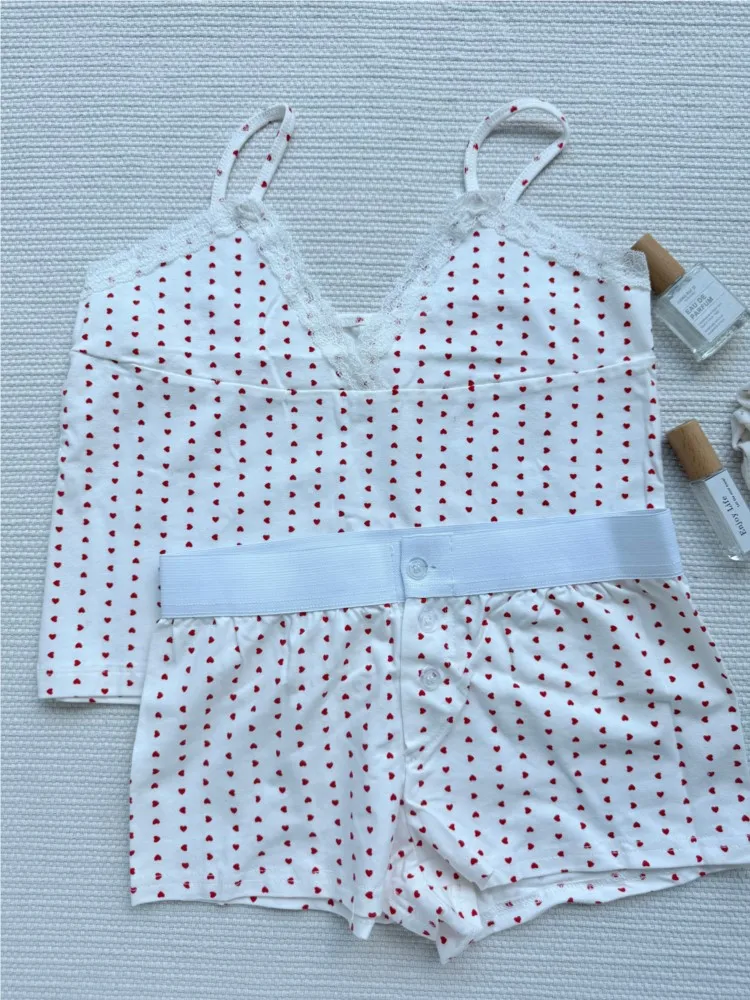 Cute Red Heart Print 2 piece Sets Women Summer Cotton Lace Trim V-neck Camisole+Short Pants Sweet Home Short Outfits Y2K
Cute Red Heart Print 2 piece Sets Women Summer Cotton Lace Trim V-neck Camisole+Short Pants Sweet Home Short Outfits Y2K