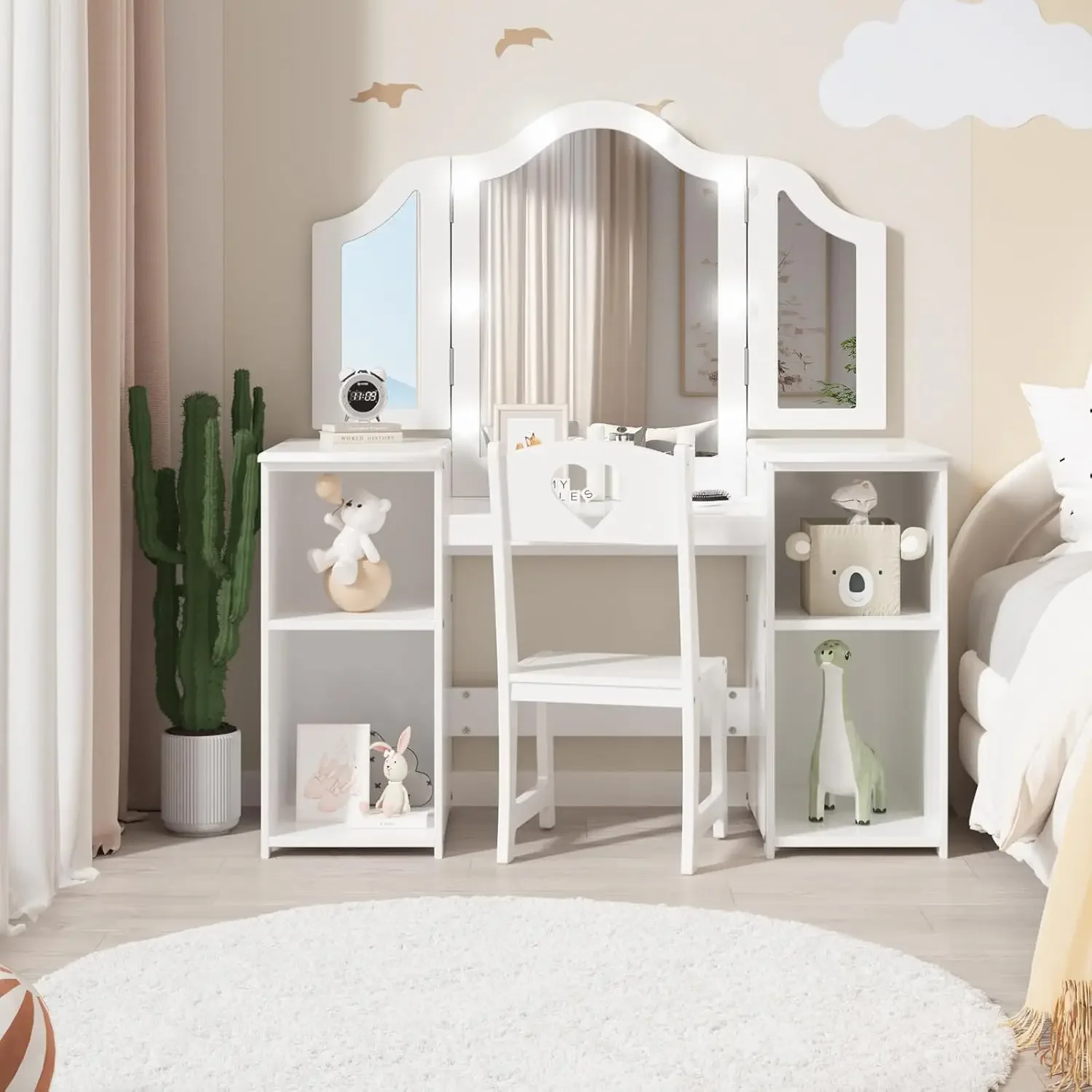 Kids Vanity Table Princess Pretend Play Dressing Table Chair Set With Tri Folding Mirror Storage Shelves Touch Light Wooden For
Kids Vanity Table Princess Pretend Play Dressing Table Chair Set With Tri Folding Mirror Storage Shelves Touch Light Wooden For