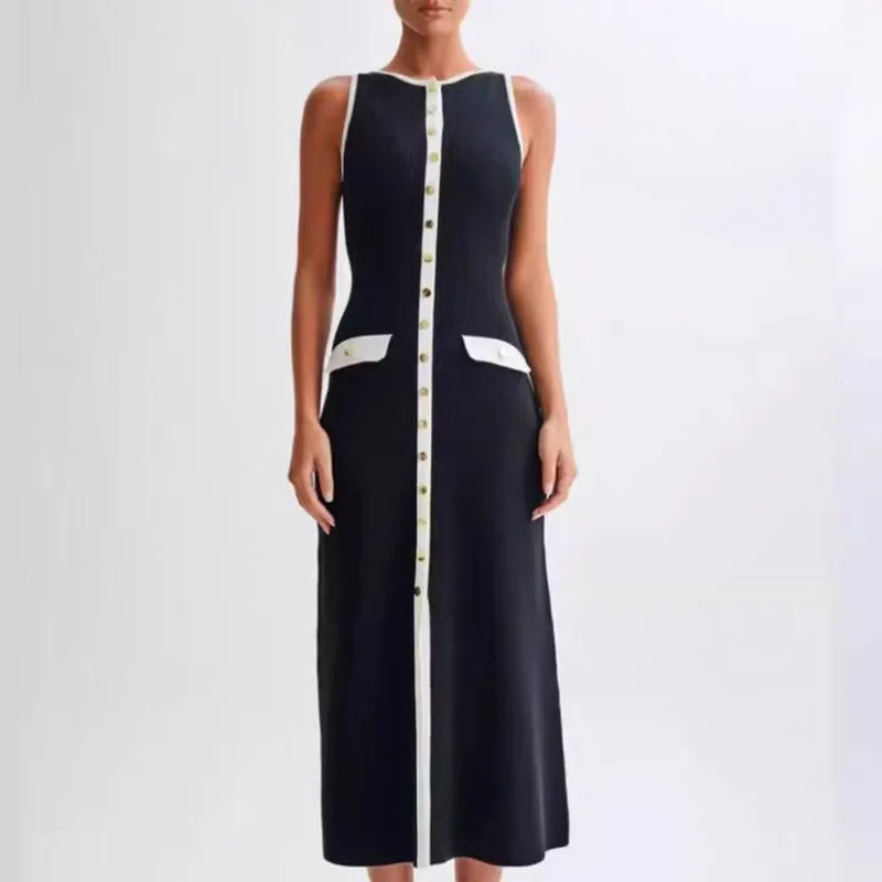 2025 European and American women's dress summer round-neck sleeveless knitted dress, color-blocking vest dress
2025 European and American women's dress summer round-neck sleeveless knitted dress, color-blocking vest dress