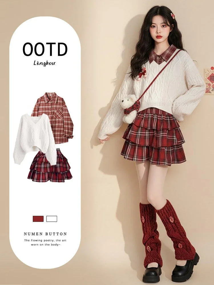 Autumn Winter New Year Knitted Sweater Set Women's Anti-Aging Red Plaid irt Slimming Puffy Cake Skirt Tee-Piece Set
Autumn Winter New Year Knitted Sweater Set Women's Anti-Aging Red Plaid irt Slimming Puffy Cake Skirt Tee-Piece Set