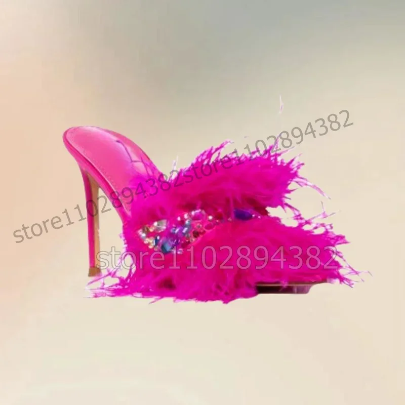 Rose Red Feather Colorful Crystal Decor Slippers Slip On Women Shoes Thin High Heels Fashion Banquet 2025 Zapatos Para Mujere 
Rose Red Feather Colorful Crystal Decor Slippers Slip On Women Shoes Thin High Heels Fashion Banquet 2025 Zapatos Para Mujere