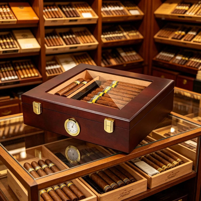 Black Wooden Cigar Humidor Holds 20-30 Cigars with Cutter Punch Tool Lock & Hygrometer
Black Wooden Cigar Humidor Holds 20-30 Cigars with Cutter Punch Tool Lock & Hygrometer