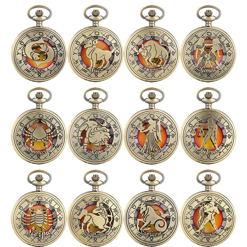Hollow Zodiac Twelve Constellations Vintage Bronze Necklace Watch Birthday Gifts for Men Women Roman Numerals Pocket Clock
Hollow Zodiac Twelve Constellations Vintage Bronze Necklace Watch Birthday Gifts for Men Women Roman Numerals Pocket Clock