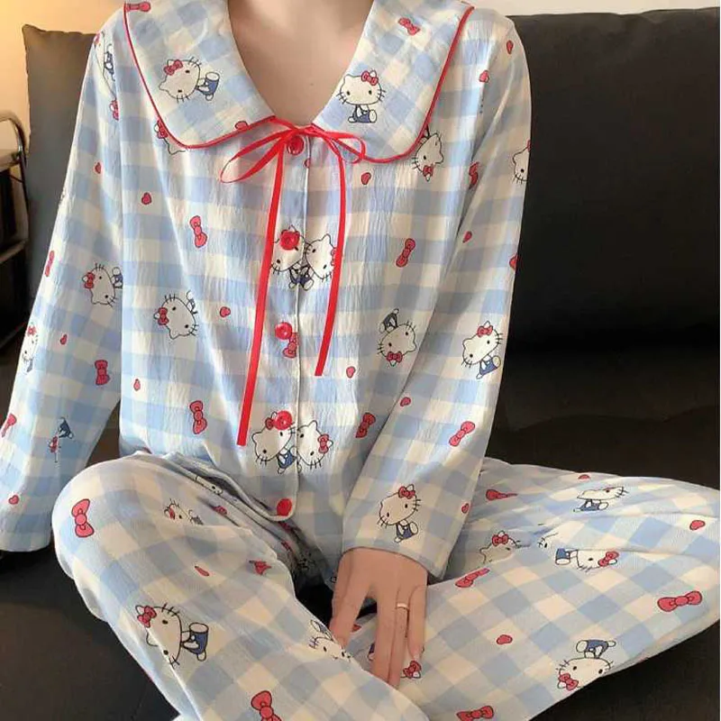 Anime Sanrios Women's Hello Kittys Pajamas Spring and Autumn Plaid Long Sleeves Trousers Japanese Student Loungewear Comfortable
Anime Sanrios Women's Hello Kittys Pajamas Spring and Autumn Plaid Long Sleeves Trousers Japanese Student Loungewear Comfortable
