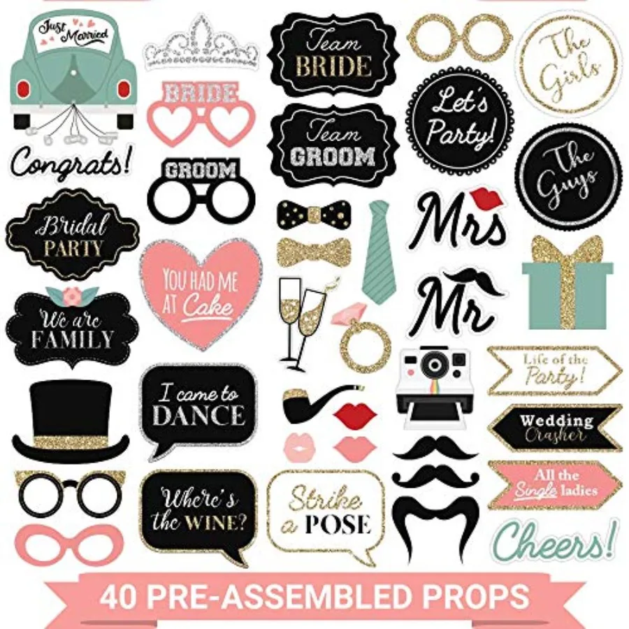 Fully Assembled Wedding Photo Booth Props - Set of 40 - Gold, Pink, Teal, and Silver Selfie Signs - Wedding Party Supplies and
Fully Assembled Wedding Photo Booth Props - Set of 40 - Gold, Pink, Teal, and Silver Selfie Signs - Wedding Party Supplies and