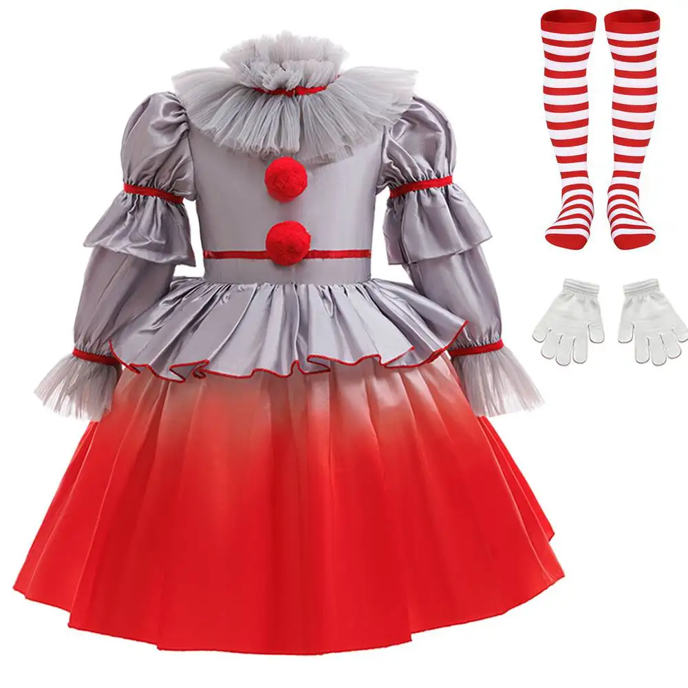 Children Scary Clown Cosplay Outfit, Gothic Style Clown Dress Striped Stockings and Gloves, Halloween Role Play Costume for Girl
Children Scary Clown Cosplay Outfit, Gothic Style Clown Dress Striped Stockings and Gloves, Halloween Role Play Costume for Girl