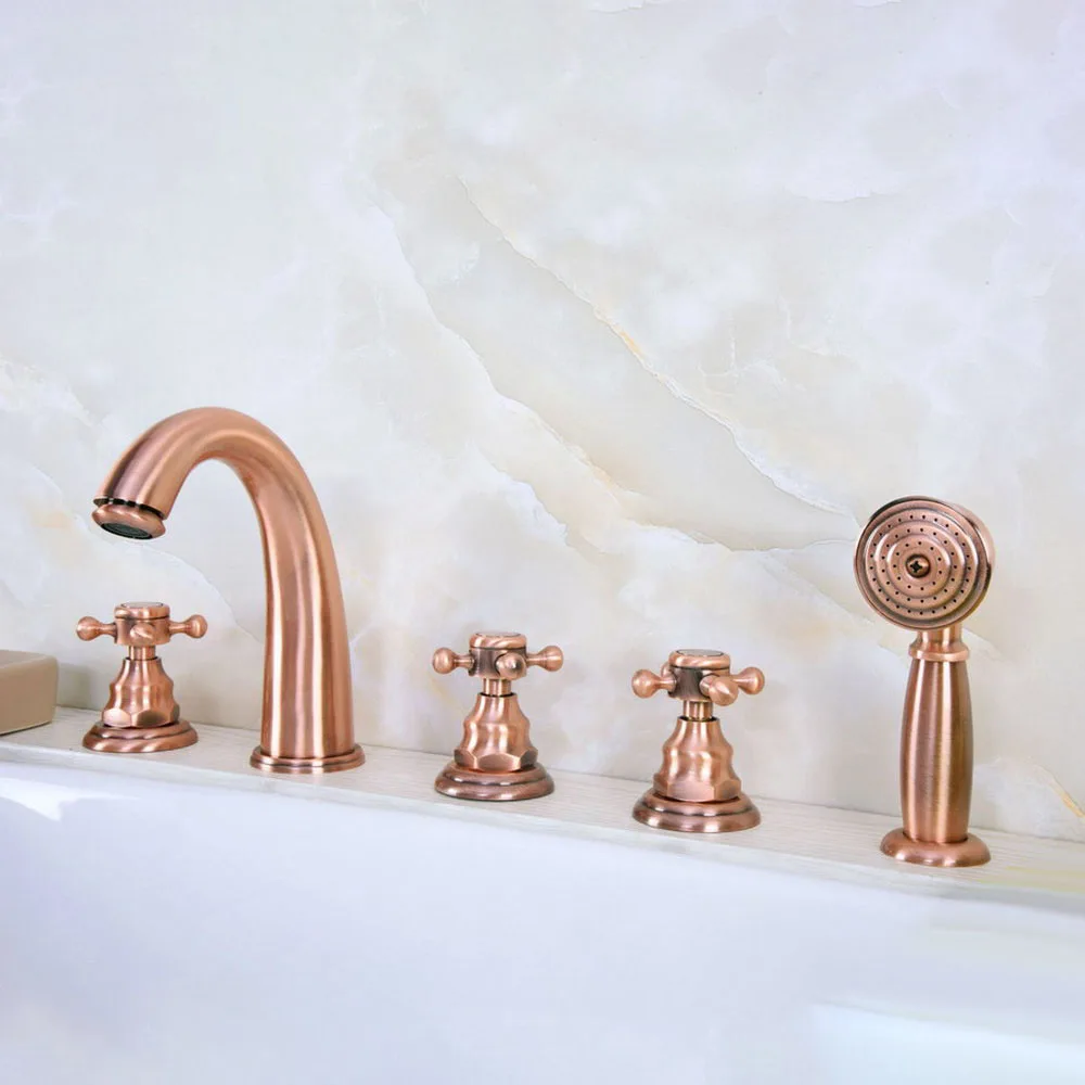 Antique Red Copper Brass Three Cross Handles Deck Mounted 5 Holes Bathroom Tub Faucet Mixer Tap With Handshower mtf239
Antique Red Copper Brass Three Cross Handles Deck Mounted 5 Holes Bathroom Tub Faucet Mixer Tap With Handshower mtf239