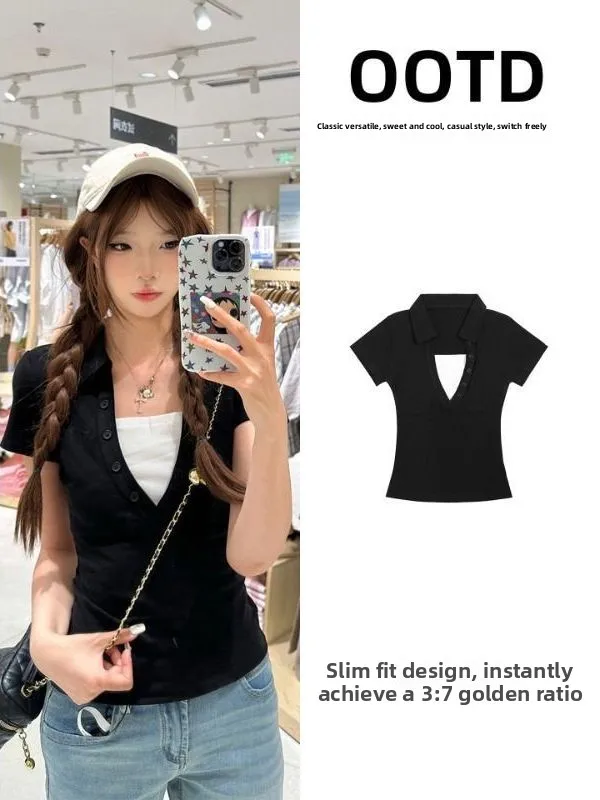 Slim Fit Short Sleeve Neck T-Shirt Women's Summer Fashion Casual Color Shoulder Line Short Top Fake Two-Piece
Slim Fit Short Sleeve Neck T-Shirt Women's Summer Fashion Casual Color Shoulder Line Short Top Fake Two-Piece