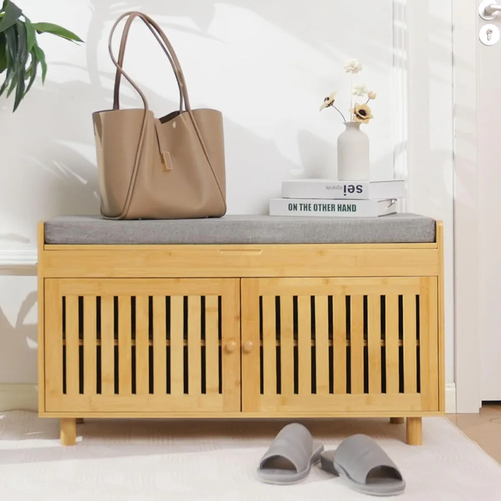 Shoe Storage Bench, Bamboo Entryway Bench with 2 Doors & Padded Seat Cushion, 2 Tier Shoe Rack
Shoe Storage Bench, Bamboo Entryway Bench with 2 Doors & Padded Seat Cushion, 2 Tier Shoe Rack