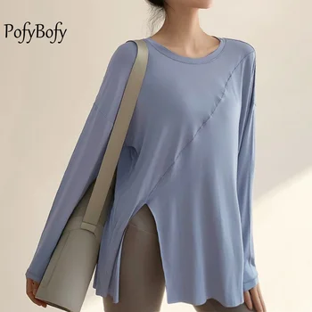 PofyBofy 여성용 사이드 슬릿, 빠른 건조, 고탄성, 느슨한 통기성 긴 소매, 요가 티셔츠, 피트니스 운동, 댄싱 베이직 탑