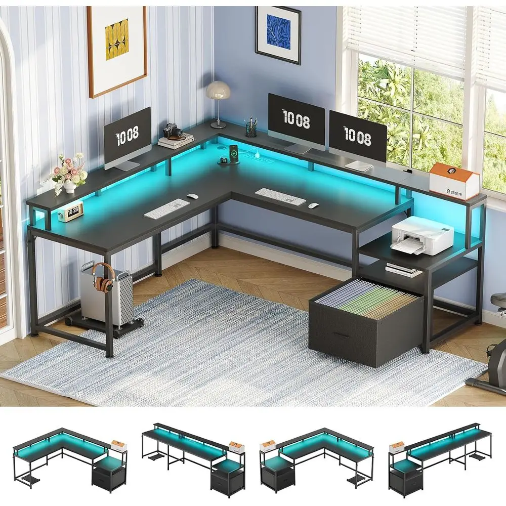 Reversible L-Shaped Computer Desk with Power Outlet, Storage, Monitor Shelf, LED Lights for Small Spaces, Black
Reversible L-Shaped Computer Desk with Power Outlet, Storage, Monitor Shelf, LED Lights for Small Spaces, Black