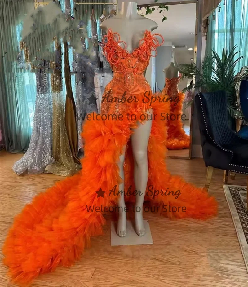 Customized Orange Prom Dresses Gorgoues High Slit Sequins Beading Black Girls Birthday Party Gowns Evening Robe
Customized Orange Prom Dresses Gorgoues High Slit Sequins Beading Black Girls Birthday Party Gowns Evening Robe