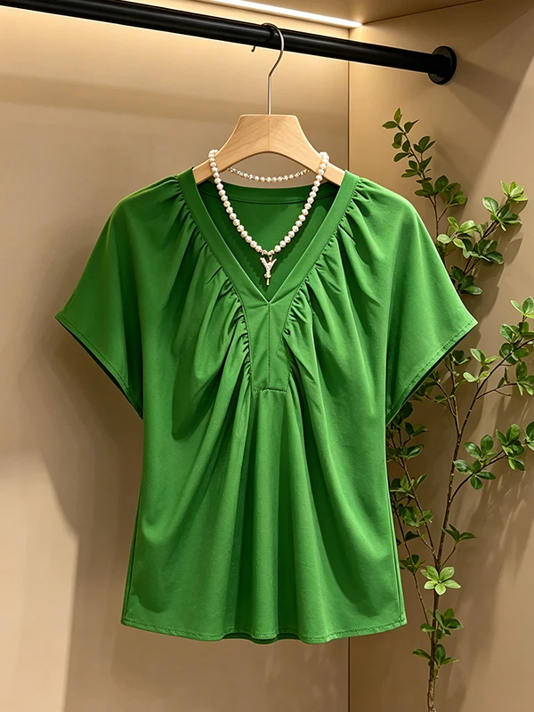 Loose Women's Shirt Casual Design Unique Pleated V-neck Summer New Style Covering Meat Top Korean Version Commute Style
Loose Women's Shirt Casual Design Unique Pleated V-neck Summer New Style Covering Meat Top Korean Version Commute Style
