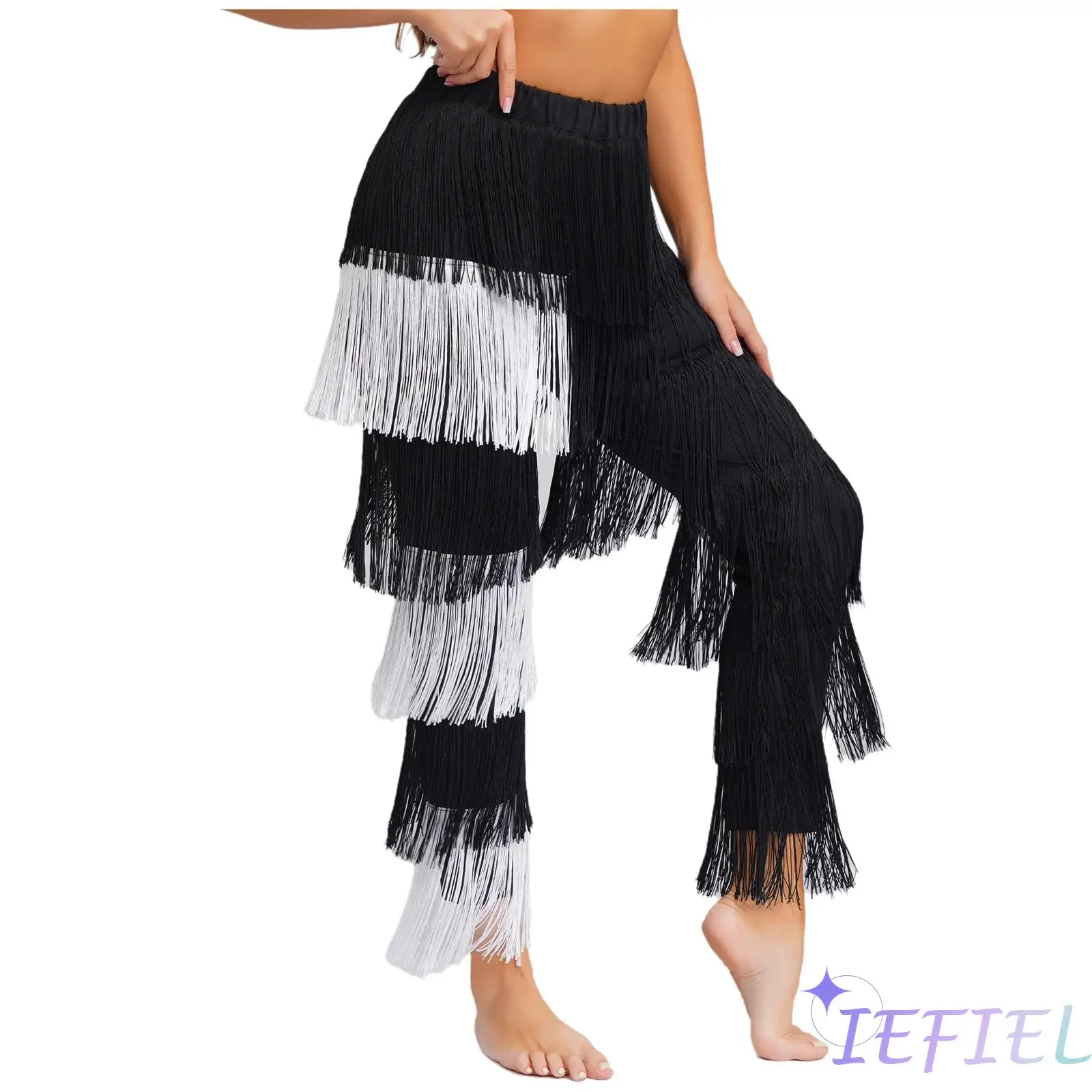 Womens Latin Dance Trousers Jazz Costume Elastic High Waist Contrast Color Tassel Pants for Belly Chacha Tango Dance Performance
Womens Latin Dance Trousers Jazz Costume Elastic High Waist Contrast Color Tassel Pants for Belly Chacha Tango Dance Performance