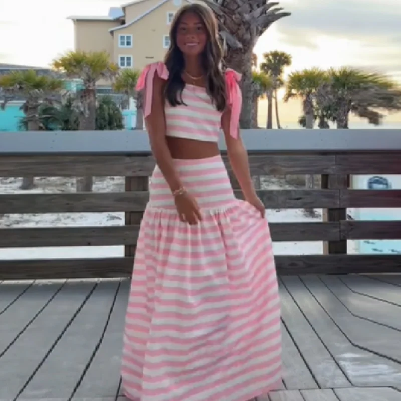 Sweet Pink Striped Two Piece Set Trendy Bow Shoulder Crop Top Cozy Ruffled Maxi Skirt Summer Vacation Beach Women's Clothing
Sweet Pink Striped Two Piece Set Trendy Bow Shoulder Crop Top Cozy Ruffled Maxi Skirt Summer Vacation Beach Women's Clothing
